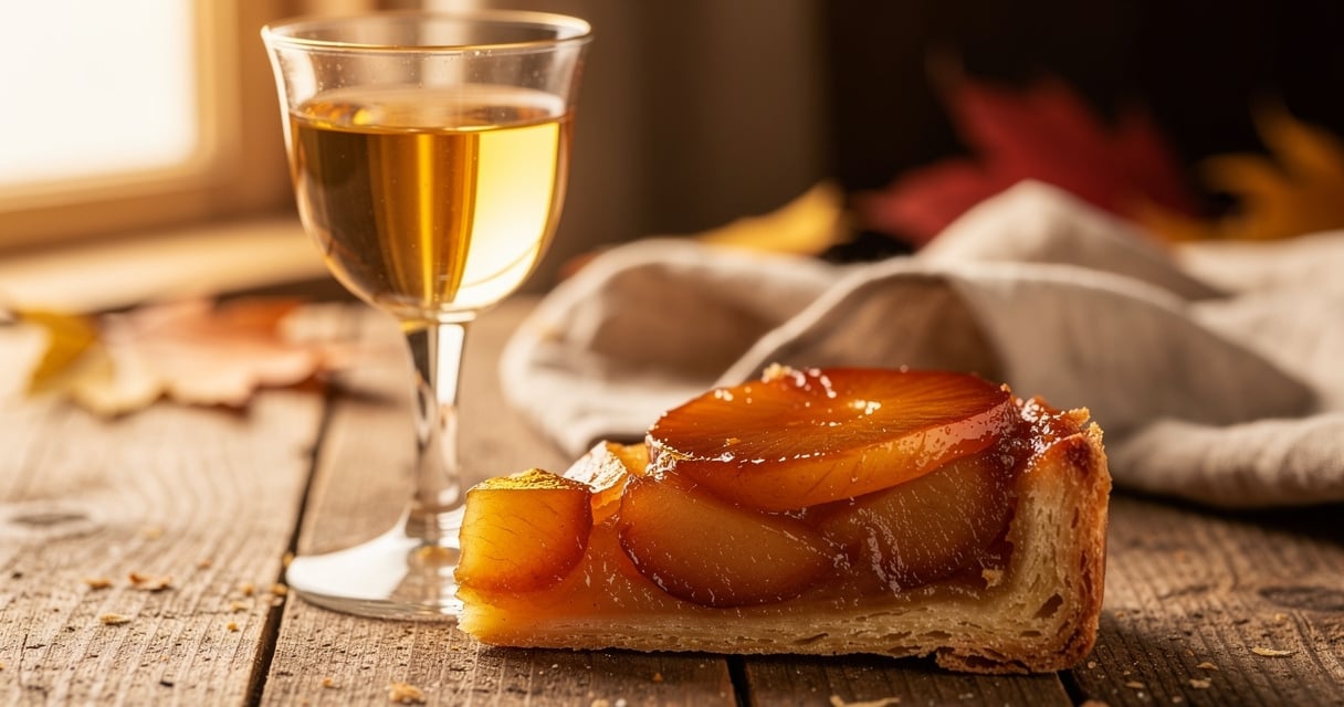 Verre de Sauternes doré servi avec une part de tarte tatin caramélisée sur une table en bois