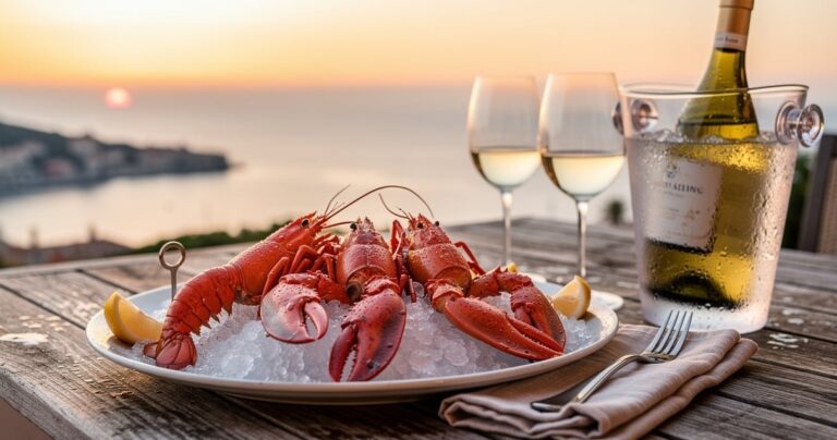 Plateau de crustacés avec une bouteille de vin blanc servis sur une terrasse face à la mer