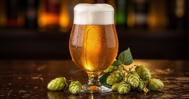 Verre tulipe rempli de bière IPA dorée avec mousse et cônes de houblon frais