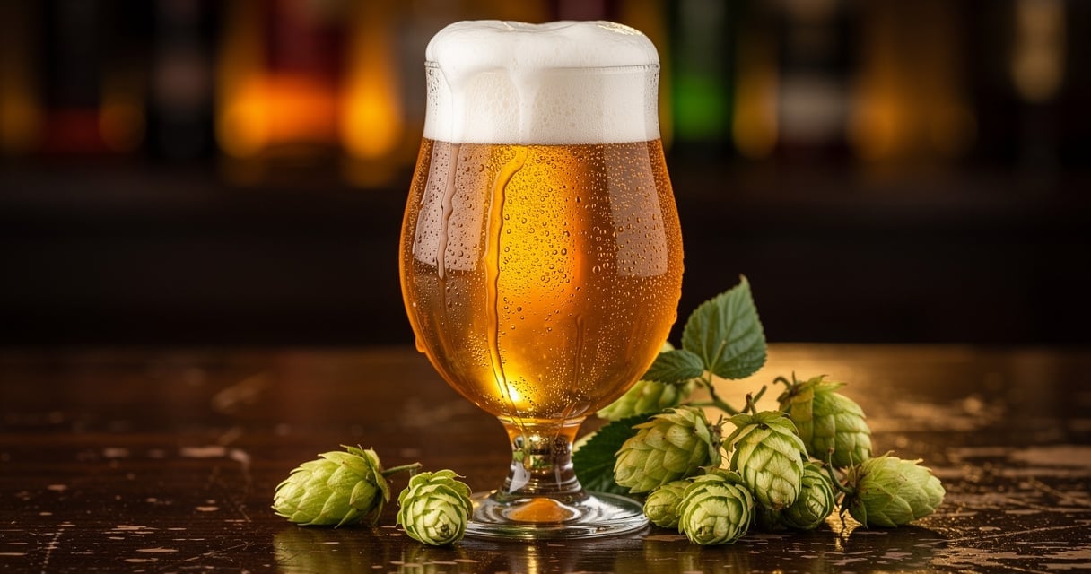 Verre tulipe rempli de bière IPA dorée avec mousse et cônes de houblon frais