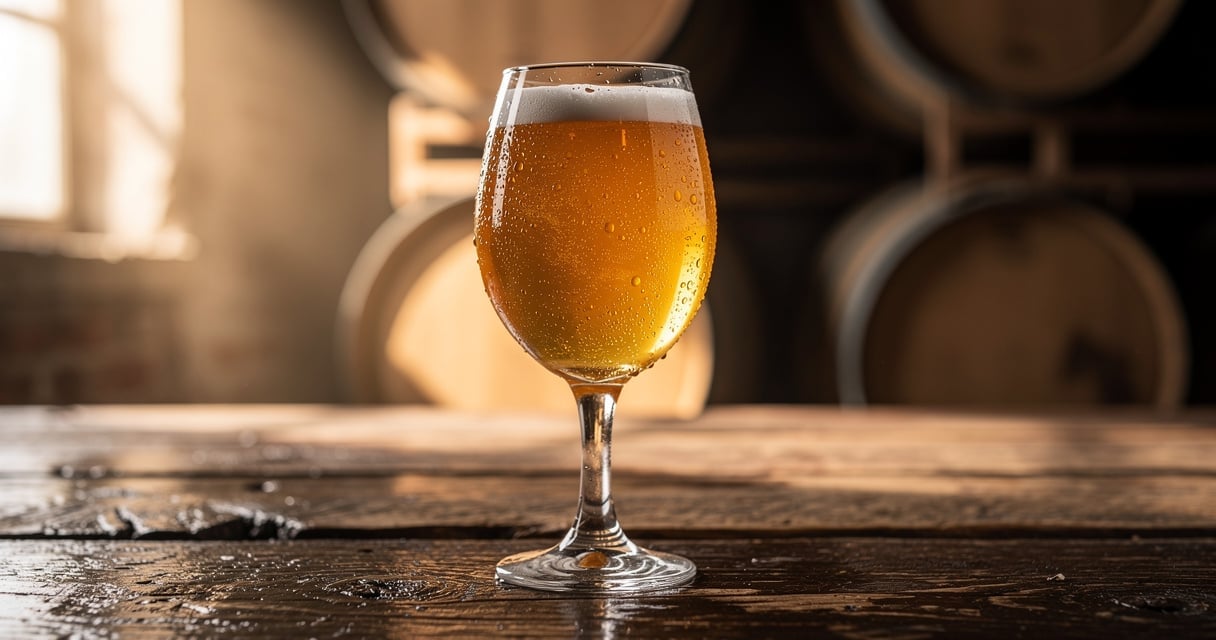 Verre de biere sour ambree pose sur une table de cave pres de foudres en chene