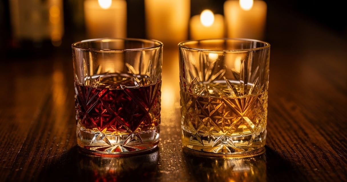 Deux verres de whisky côte à côte : bourbon ambré et scotch doré sur un comptoir en chêne
