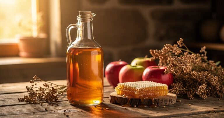 Bouteille de chouchen ambré sur une table en bois avec rayon de miel et pommes fraiches