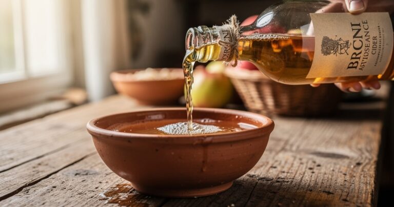 Cidre breton artisanal versé dans une bôlée en terre cuite sur une table en bois