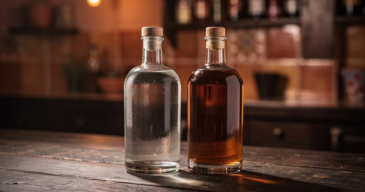 Bouteilles de mezcal et de tequila côte à côte sur un comptoir en bois sombre