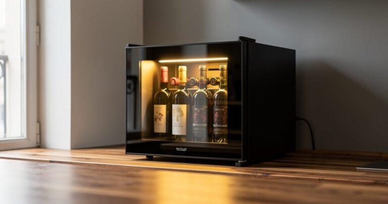 Petite cave à vin électrique posée sur un plan de travail dans une cuisine moderne