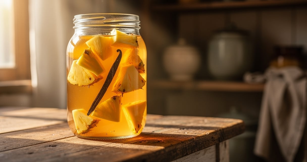 Bocal en verre de rhum arrange maison aux morceaux d ananas et a la gousse de vanille sur un plan de travail en bois