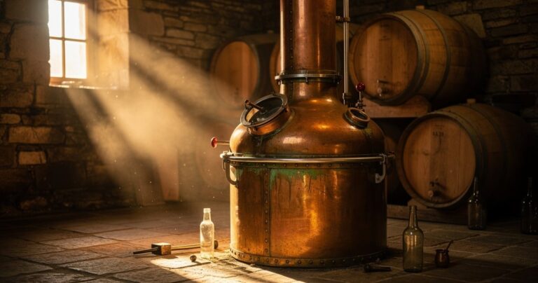 Alambic en cuivre dans une distillerie artisanale francaise traditionnelle