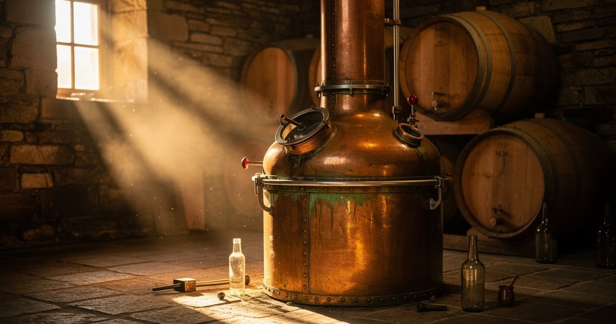 Alambic en cuivre dans une distillerie artisanale francaise traditionnelle