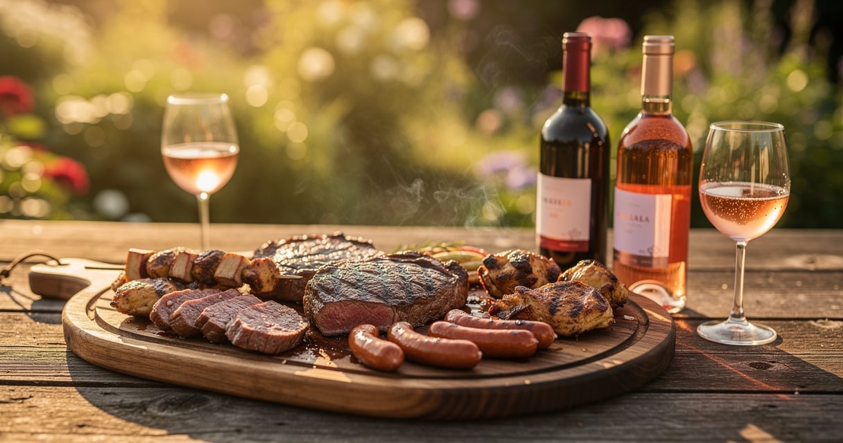 Table de barbecue estival avec grillades et bouteilles de vin rouge et rosé