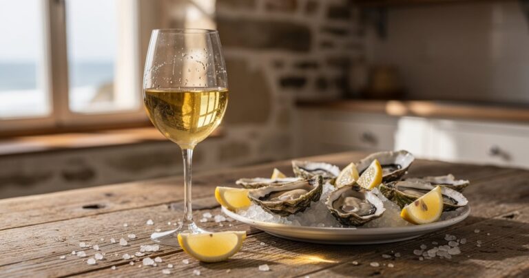Verre de vin blanc breton servi avec huitres fraiches sur une table en bois