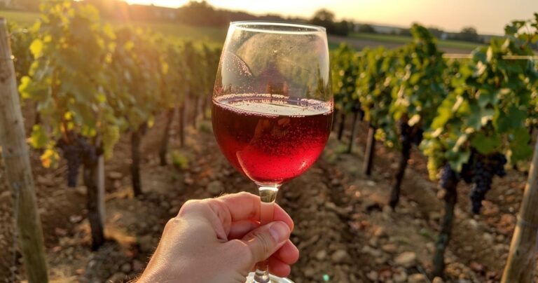 Verre de vin nature rouge non filtré tenu dans un vignoble