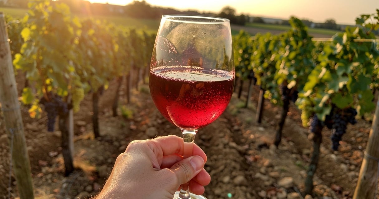 Verre de vin nature rouge non filtré tenu dans un vignoble