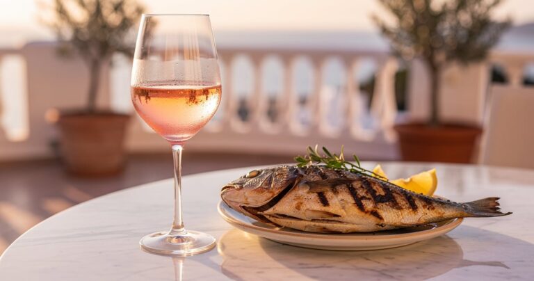 Verre de vin rosé gastronomique servi avec un poisson grillé aux herbes sur une table élégante