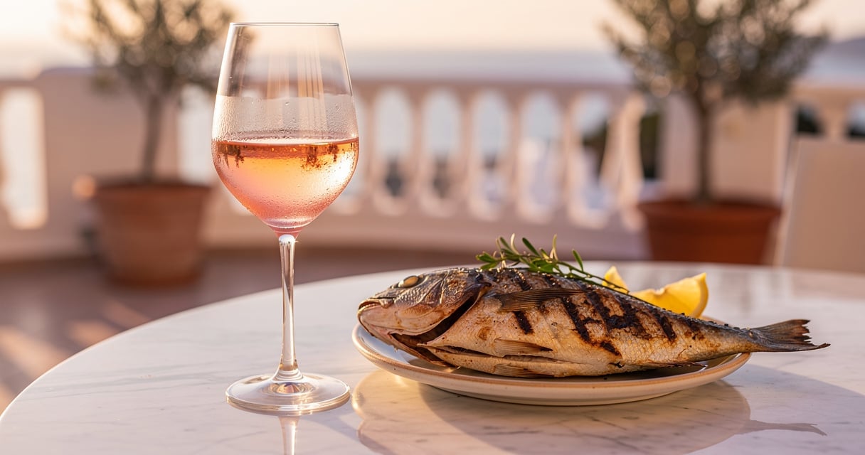 Verre de vin rosé gastronomique servi avec un poisson grillé aux herbes sur une table élégante