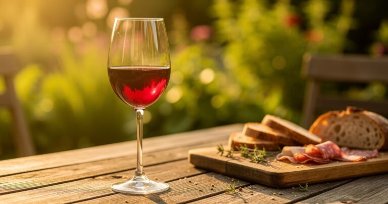 Verre de vin rouge léger sur une table en terrasse en été