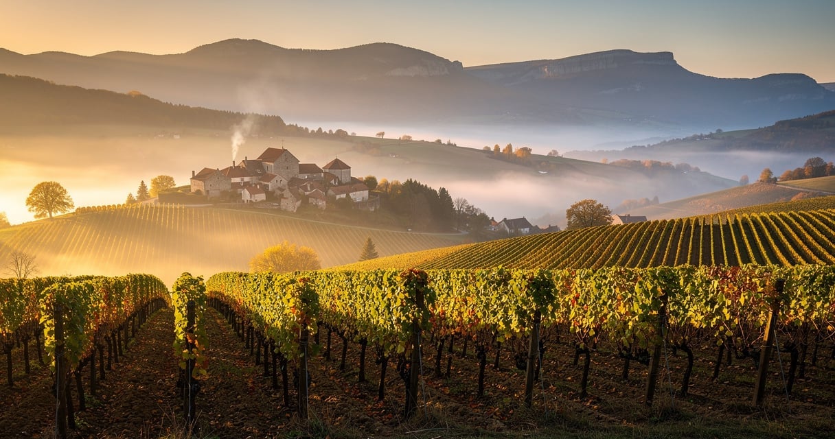 Vignoble du Jura au coucher du soleil, vignes au pied du massif jurassien