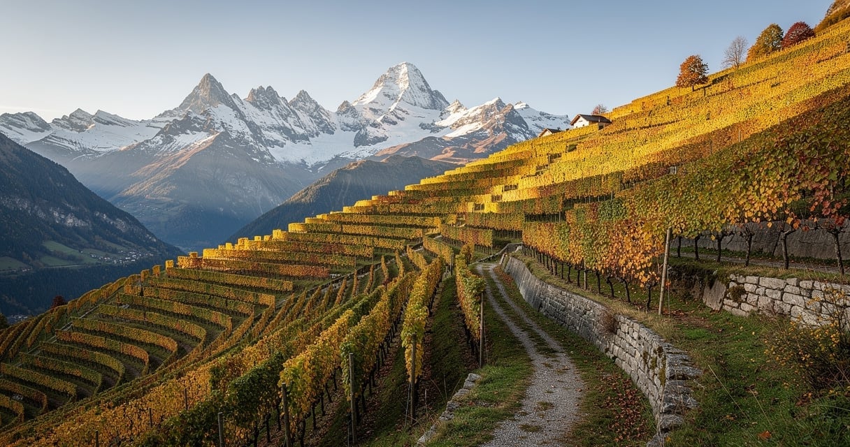 Vignoble en terrasses de Savoie sur un coteau de montagne en automne