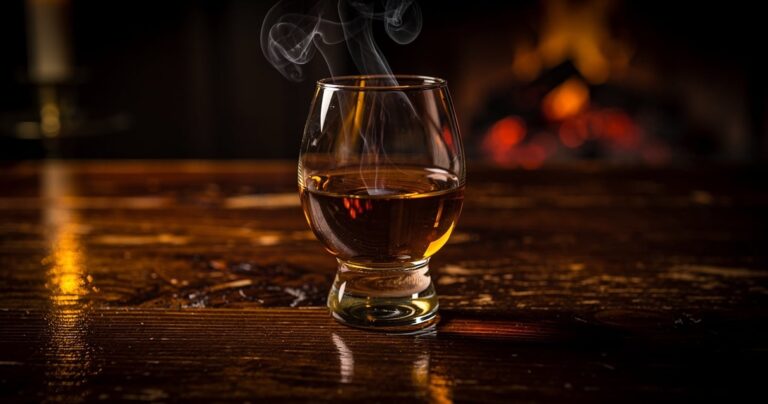 Verre tulipe rempli de whisky tourbé ambré sur un bar en bois, fumée légère et lumière tamisée